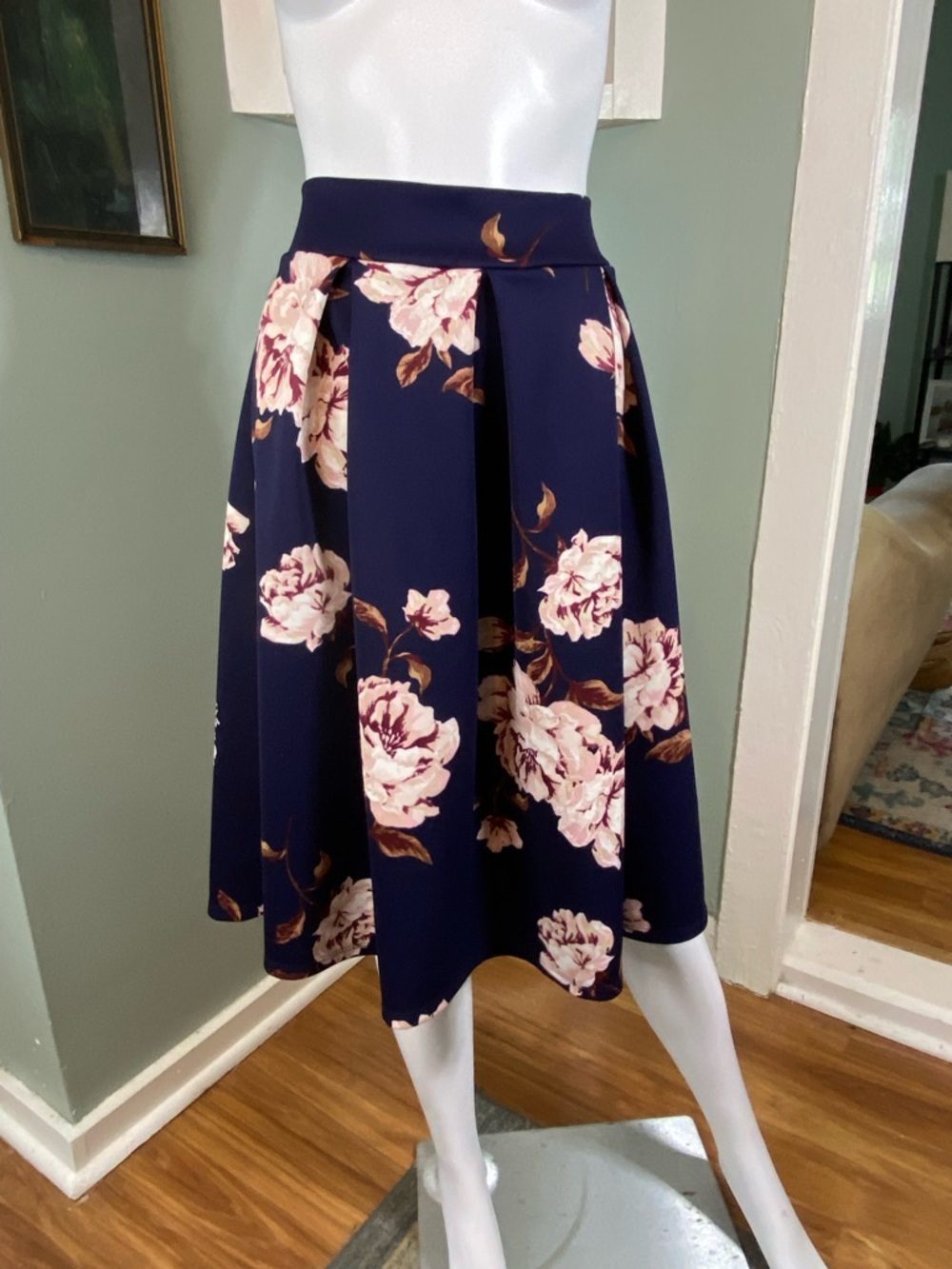 Floral Roses Navy Midi Full Skirt Haute Monde XLarge XL Box Pleat Pleated - Picture 2 of 12